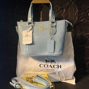 Coach Mollie Tote Light Blue Embossed Leather Signature Pattern NWT